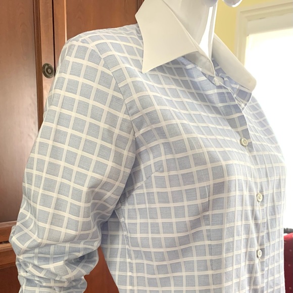 Blue & white check pattern button up cotton dress shirt white collar French cuff - Picture 5 of 16